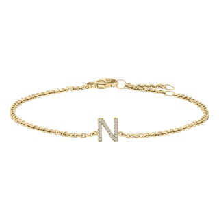 10K Yellow Gold Diamond Accent "N" Initial Charm and Link Bracelet For Sale