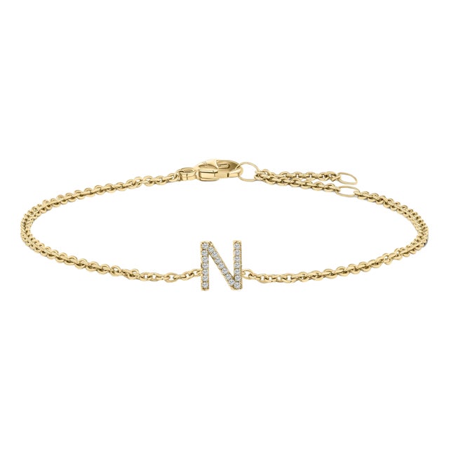 10K Yellow Gold Diamond Accent "N" Initial Charm and Link Bracelet For Sale