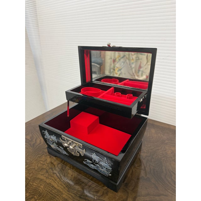 Asian Korean Black Lacquer + Mother of Pearl Locking Jewelry Box, Large For Sale - Image 3 of 12