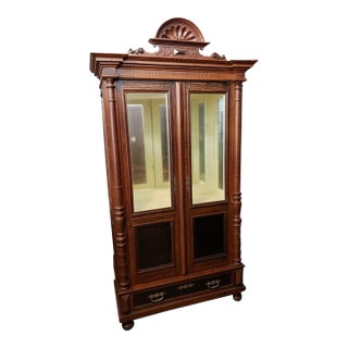 19th-C. Belgian Aesthetic Movement Grain-Painted Three-Sided Glass Display Vitrine Cabinet For Sale
