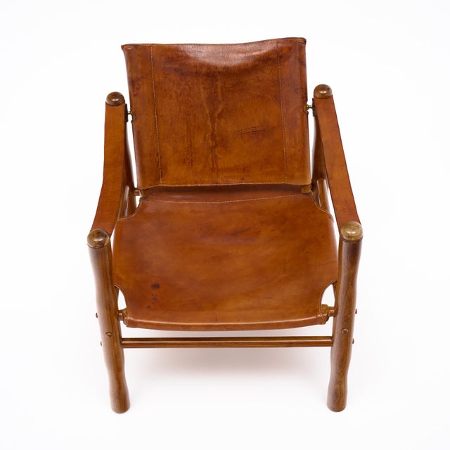 Mid-Century Modern Wood and Cognac Leather Safari Armchair For Sale In Austin - Image 6 of 9