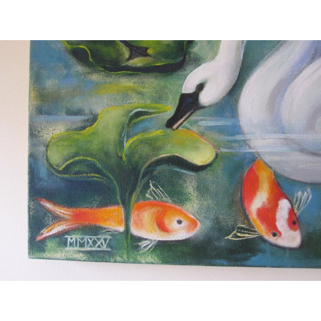 Lagoon by Zoa Ace | Oil on canvas Swans, fish, and plants in a colorful lagoon setting. For Sale - Image 4 of 5