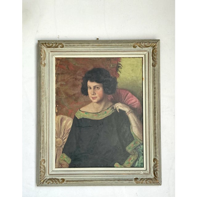 Presenting a captivating vintage Regency-style portrait from 1925, an original oil painting that exudes timeless elegance....