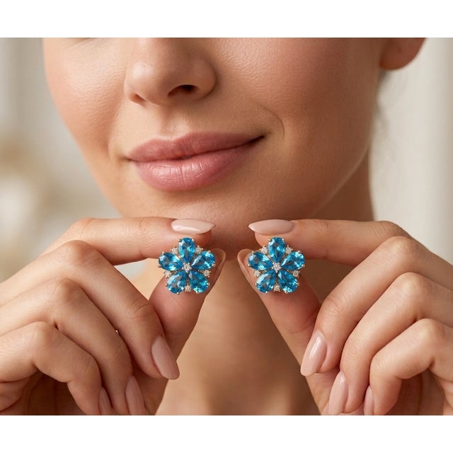 Contemporary Blue Topaz Flower Stud Earrings, December Birthstone Statement Studs - A Pair For Sale - Image 3 of 5