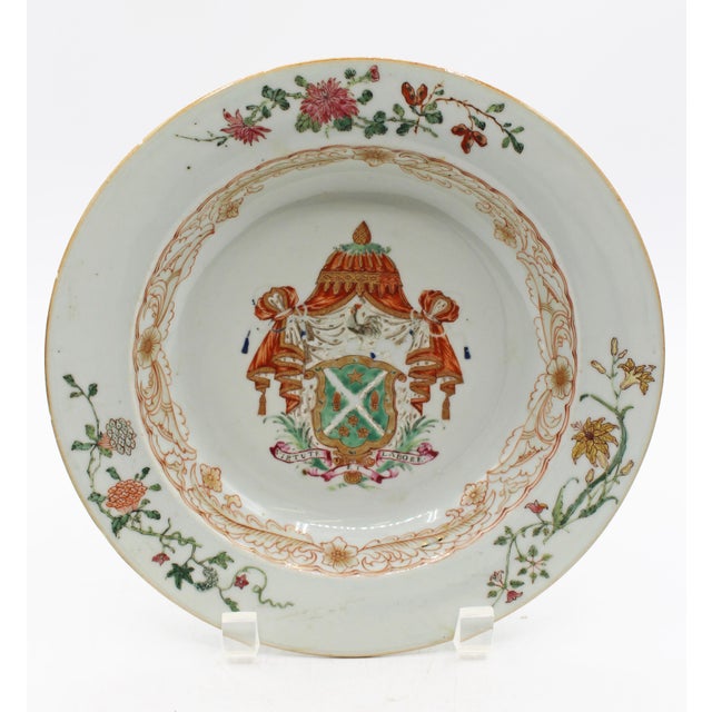 Ceramic Circa 1740 Chinese Porcelain Pair of Famille Rose Armorial Soup Plates For Sale - Image 7 of 13