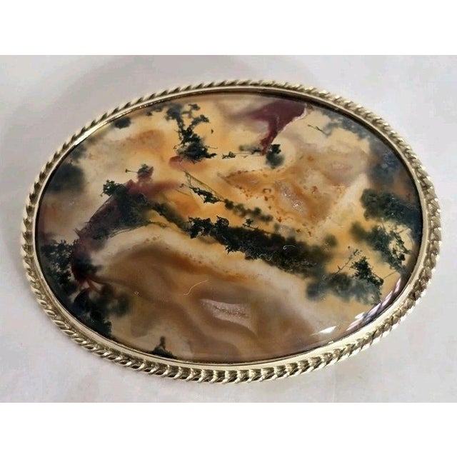 Vintage 9ct Yellow Gold Moss Agate Brooch, Sheffield, 1989 For Sale - Image 16 of 18
