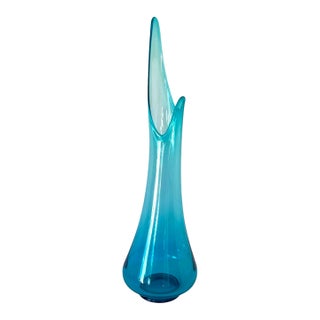 Vintage Mid Century Modern MCM Swung Glass Vase, Turquoise Peacock Blue, 24" Le Smith For Sale