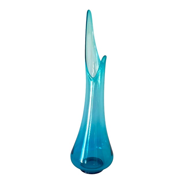 Vintage Mid Century Modern MCM Swung Glass Vase, Turquoise Peacock Blue, 24" Le Smith For Sale