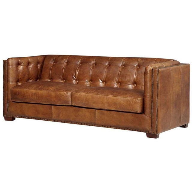 Brown Tuxedo Leather Sofa - Light Brown For Sale - Image 8 of 9