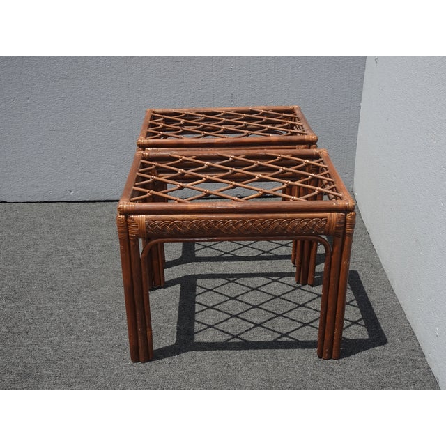 1970s Vintage Mid Century Modern Rustic Bamboo Rattan Brown End Tables - a Pair For Sale - Image 5 of 12