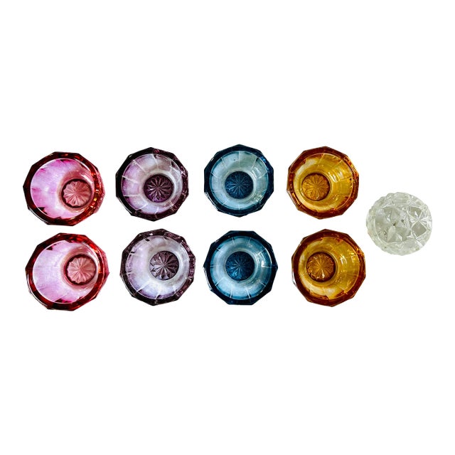 Set of 9 Vintage Fostoria Glass Salt Cellars - Amber Rose Lilac Blue Clear For Sale