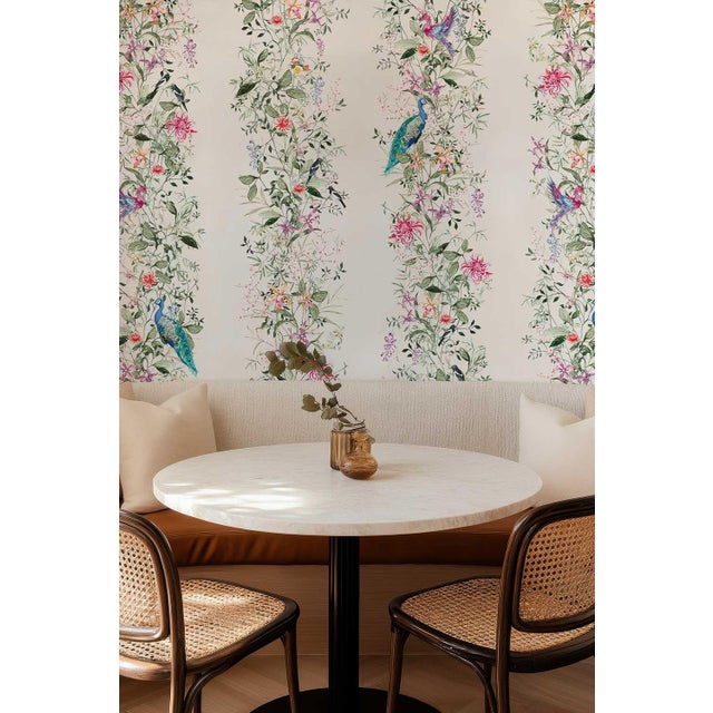 Textile Mahjong Floral Stripe Grasscloth Wallpaper by House Party | Soap White | 6 Yards For Sale - Image 7 of 7
