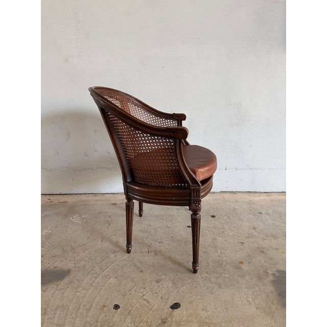 Neoclassical French Louis XVI Style Cane-Back Chair With Fluted Legs and Brown Leather Seat For Sale - Image 3 of 6