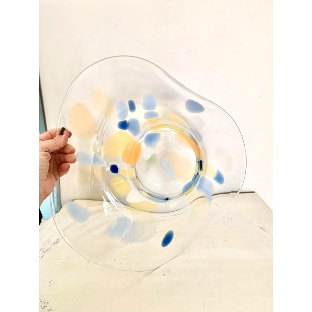 Modern Clear Glass Centerpiece Bowl With Yellow and Blue Design For Sale - Image 4 of 6