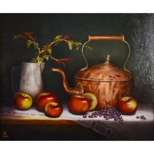 Dirk Foslien "Still Life with Pitcher Kettle and Fruit" oil on canvas. This Dirk Foslien painting comes framed as shown....