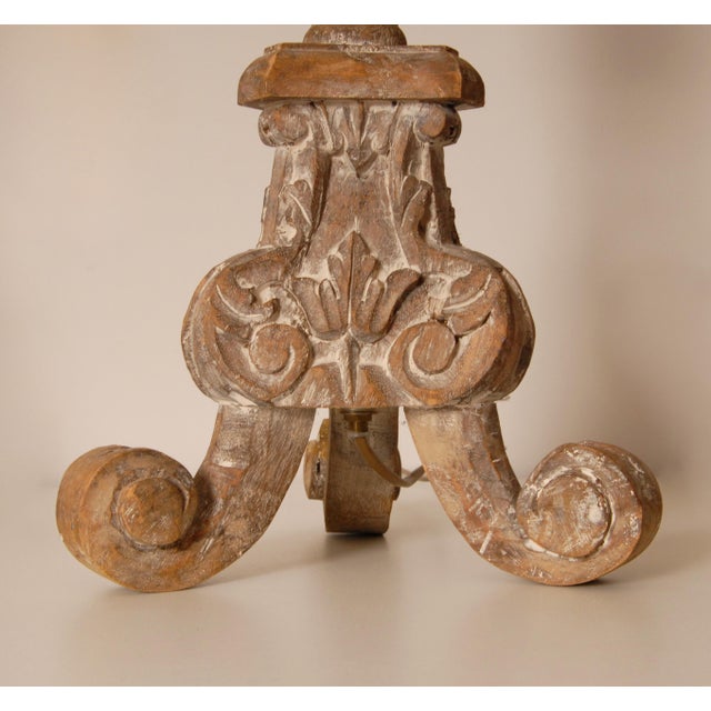 Wood Vintage French Country Lamps Wood Turquoise Linen Lampshades a Pair For Sale - Image 7 of 11