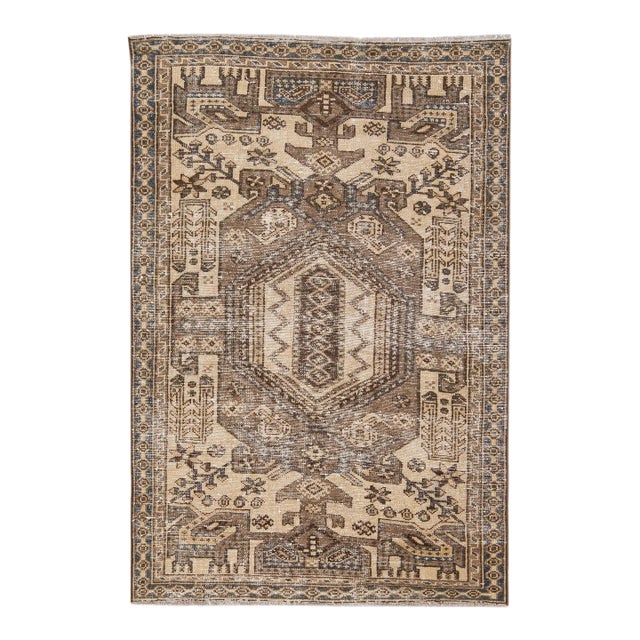 1960s Vintage Persian Distressed Handmade Tribal Beige Wool Rug For Sale