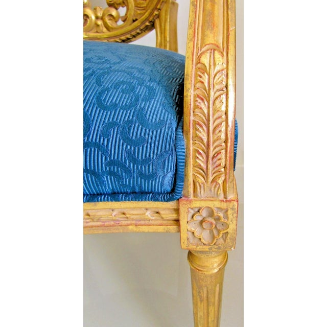 1940s French Louis XVI Style Fauteuil Chair Giltwood Frame Cane Oval Back Blue Fabric For Sale - Image 9 of 15