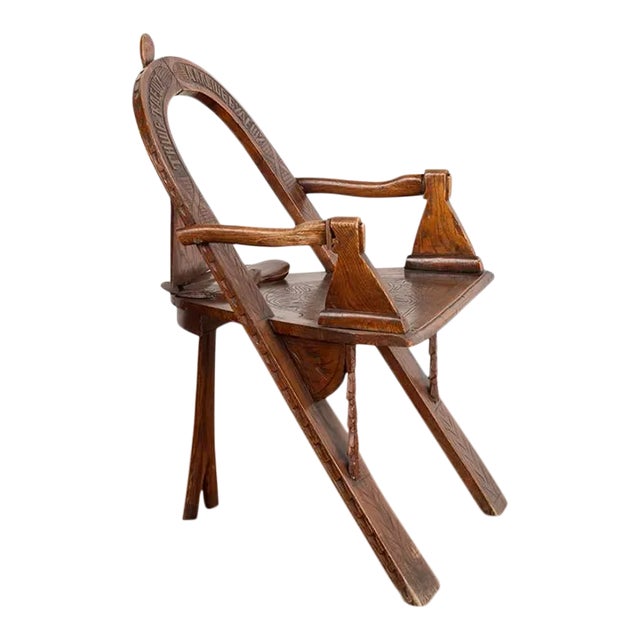 Rustic Antique Hand-Carved Tri Leg Chair For Sale