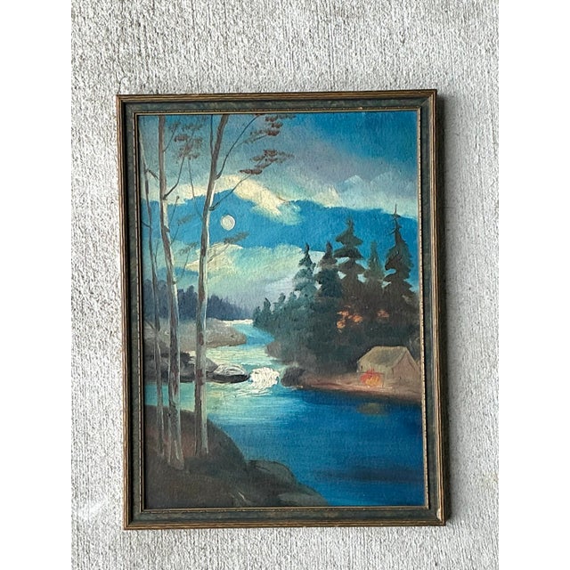Cerulean Vintage Original Landscape Watercolor on Board For Sale - Image 8 of 12