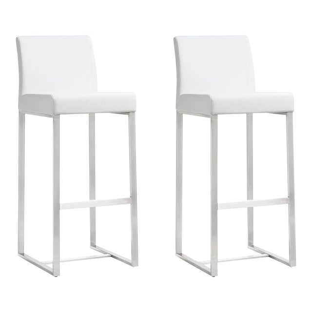 Denmark White Vegan Leather & Steel Bar Stools - Set of 2 For Sale