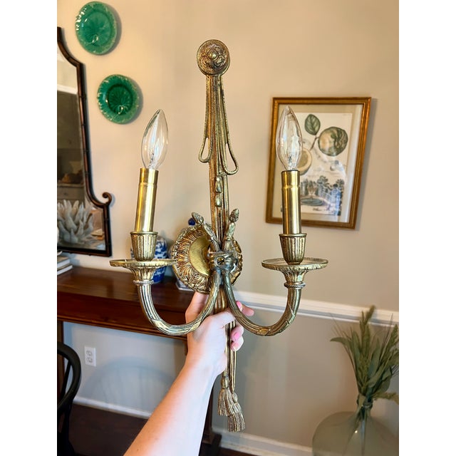 Metal Vintage French Gilt Bronze 2-Light Rope and Tassel Wall Sconces, Louis XVI Style - a Pair For Sale - Image 7 of 12
