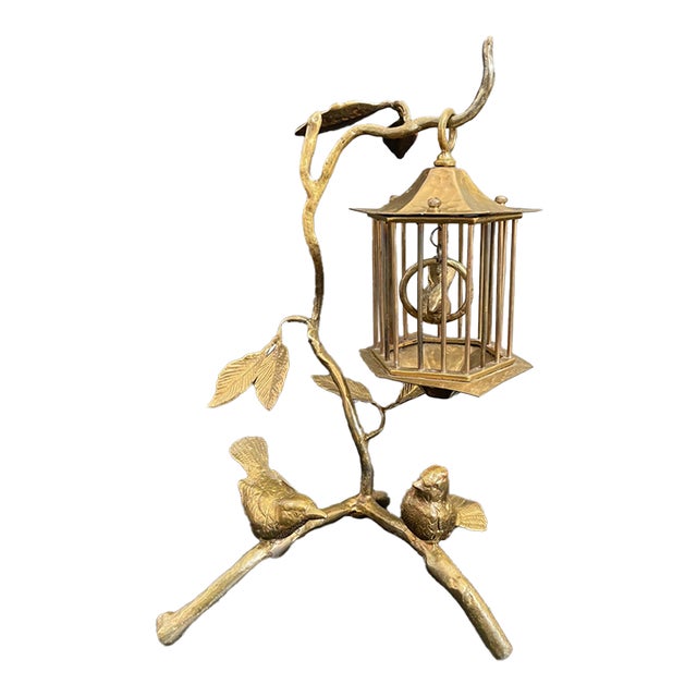 Vintage Brass Tree Branch Sculptural Centerpiece With Birds and Birdcage For Sale