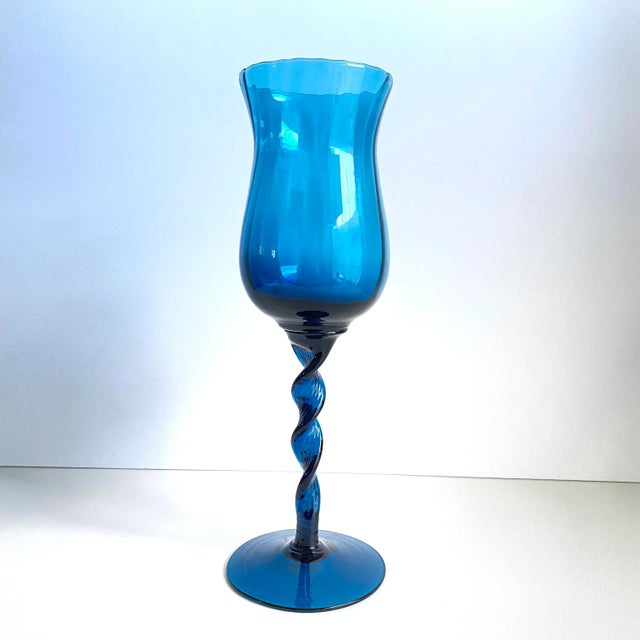 Empoli Mid Century Modern 1960s Empoli Italian Art Glass Compote Vase Teal Blue Colored Twisted Snifter 13” Tall For Sale - Image 4 of 10