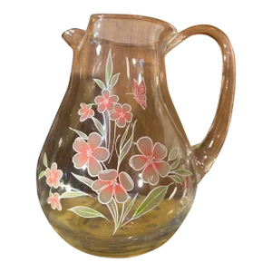 Vintage Glass Pitcher With Pink Flowers and Butterfly