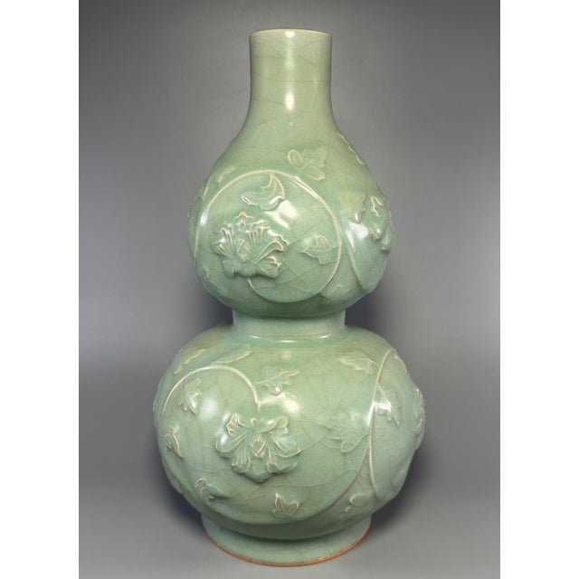 15th Century & Earlier Antique Chinese Celadon Relief‑Decorated Double Gourd Vase, Collectible Antique For Sale - Image 5 of 7