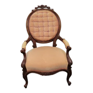 Antique French Victorian Walnut Upholstered Armchairs With Hand Carved Roses