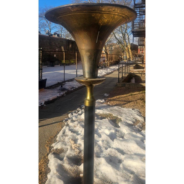 Art Deco 1930s Art Deco Torchiere Brass Trumpet Shade Floor Lamp For Sale - Image 3 of 12
