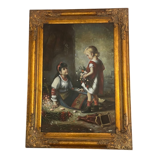 Mid 20th Century Raymond" Large Original Oil Painting Two Girls Flowers Vyshyvanka Framed For Sale