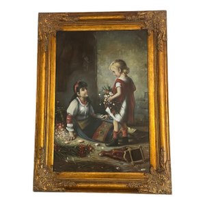 Mid 20th Century Raymond" Large Original Oil Painting Two Girls Flowers Vyshyvanka Framed