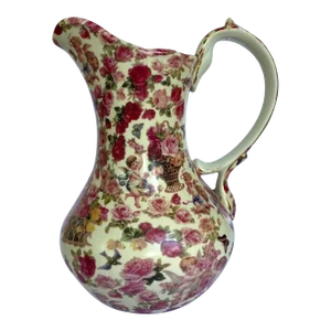 Vintage Baum Brothers Formalities “Cherub Chintz Collection” Pitcher with Pink, Yellow & Red Roses, Gold Rim