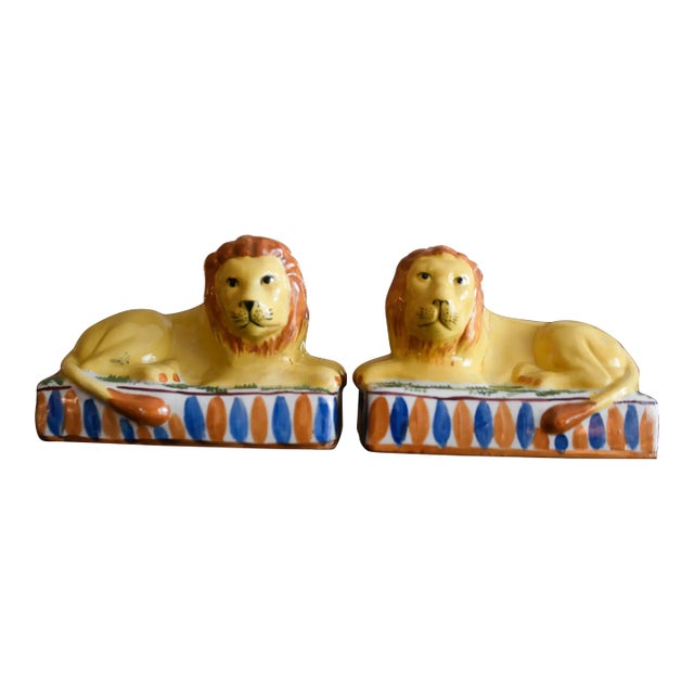Original Pair of Antique Staffordshire Recumbent Lion Figurines on Striped Rectangular Plinths- Set of 2 For Sale