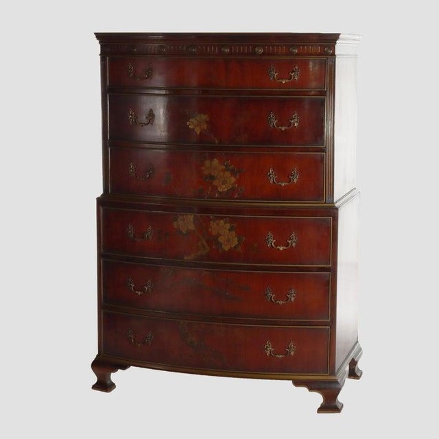 Floral Painted Chinese Chippendale Mahogany Six Drawer Highboy Chest C1920 For Sale - Image 15 of 18
