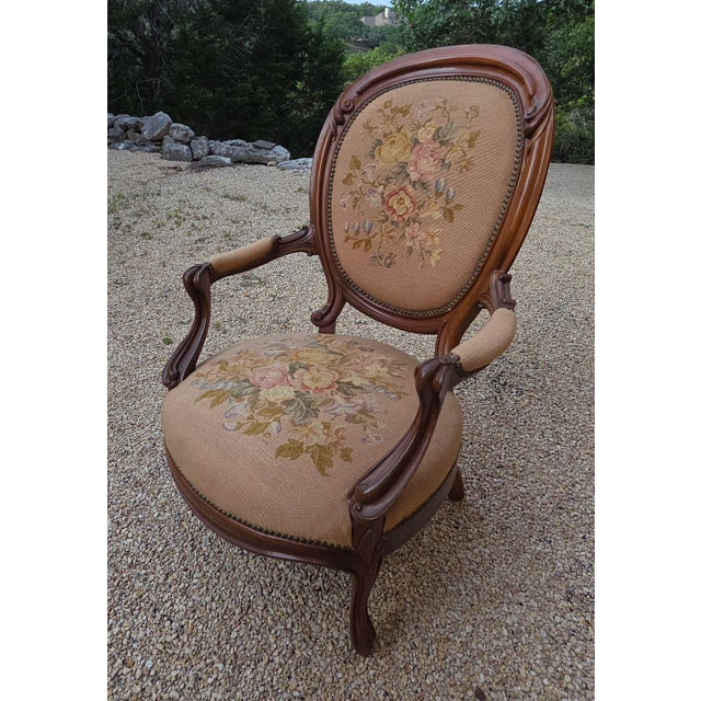 1900 - 1909 Victorian Floral Needlepoint Tapestry Covered Armchair For Sale - Image 5 of 12
