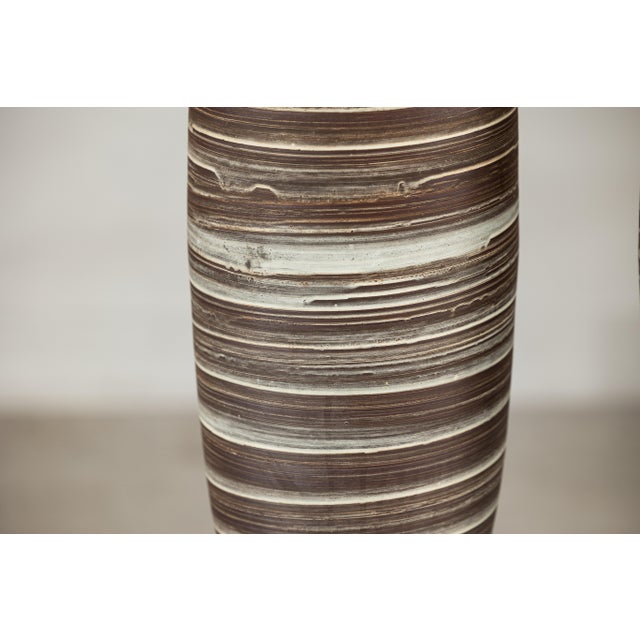 Brown Late 20th Century Artisan Tall Ceramic Vase with Horizontal Striated Glaze, Sold Individually For Sale - Image 8 of 18
