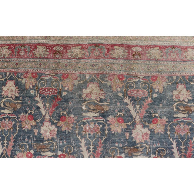 Antique Persian Tabriz Rug With Brid Design in Blue 8'8 X 12' For Sale - Image 12 of 16