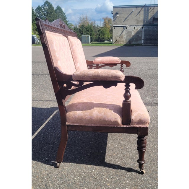 Victorian Late 19th Century Edwardian Style Victorian Era Carved Settee For Sale - Image 3 of 11