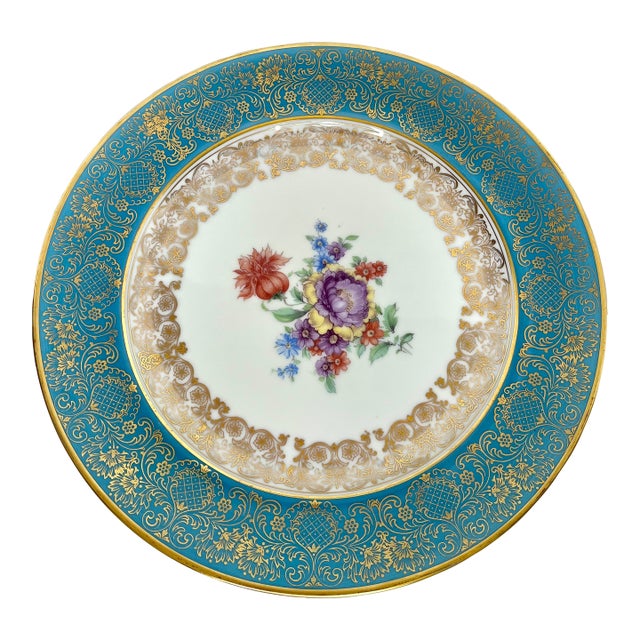 Vintage 1930s Rosenthal Germany Turquoise & Gold Encrusted Porcelain Dinner Plate For Sale