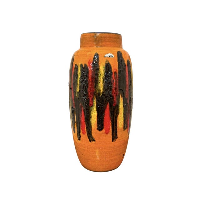 Rare West German vase, Scheurich, Germany circa 1970. Cylindrical shape with a slightly narrowed neck, orange base with...