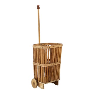 Antique 1920s Slatted Wood Wheeled Trolley Shopping Cart Market Basket For Sale