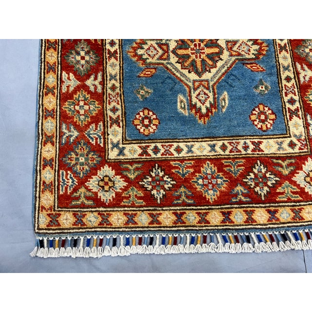 Blue and Rust Red Kazak Wool Runner Rug, Tribal Hallway Rug, 2'6" X 10'6" For Sale - Image 12 of 17