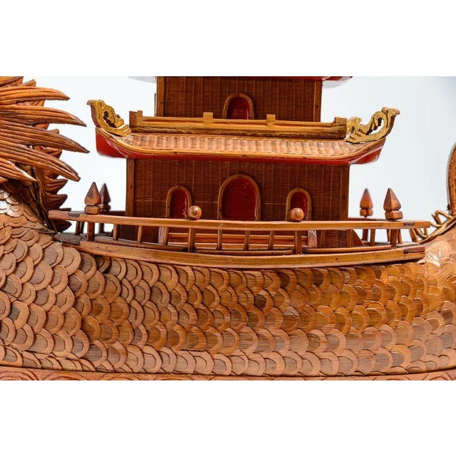 Whimsical Woven Wicker Chinese Pagoda Dragon Boat Box For Sale - Image 4 of 12