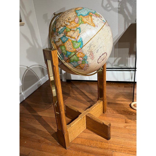Brass 1960s Mid Century Modern 16 Inch Replogle “World Classic” Full-Swing Meridian Gimbel-Mounted Floor Globe on Architectural Solid Oak Cross-Base Stand For Sale - Image 8 of 12