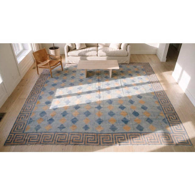 Excellent Sky Blue Background With Blue and Orange Diamond Antique Indian Cotton Dhurrie Rug For Sale - Image 14 of 15