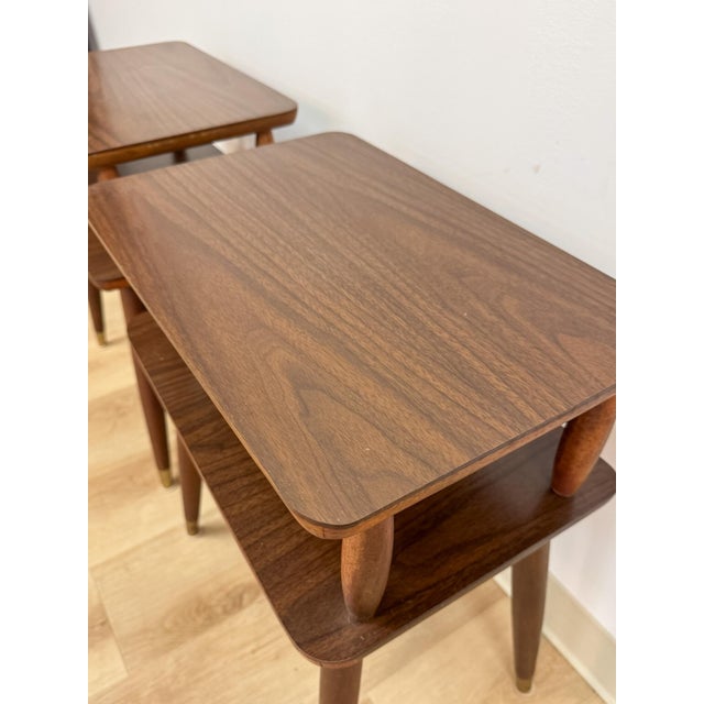 Vintage End Tables MCM Atomic Two-Tier Wood Laminate Pair Retro Accent For Sale - Image 12 of 15