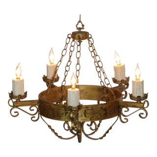 Vintage Gothic Renaissance Gold Gilt Five Arm Candelabra Chandelier For Sale